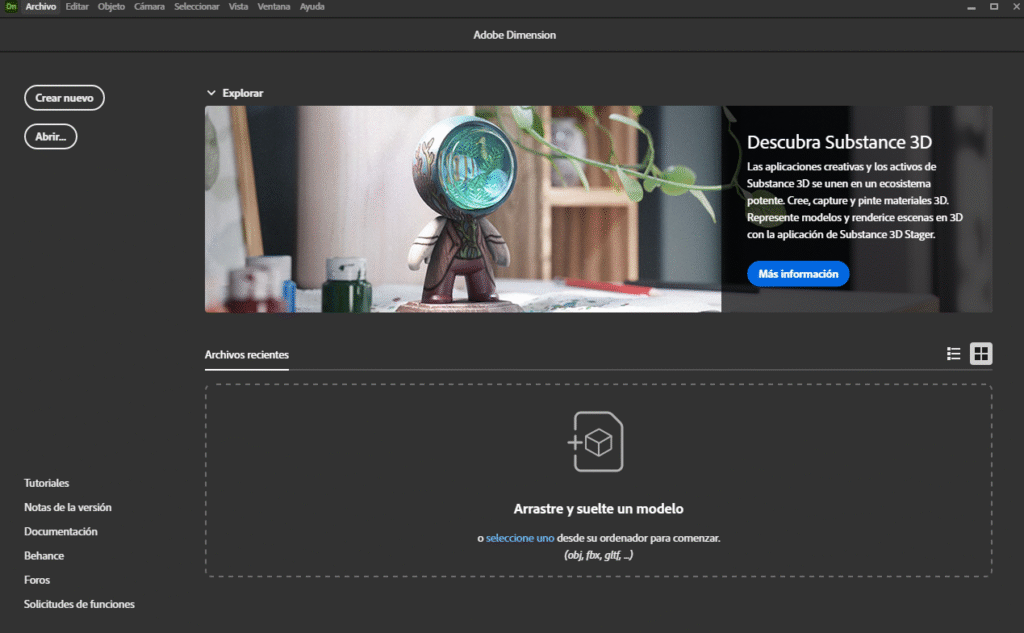 interfaz de adobe dimension 2025