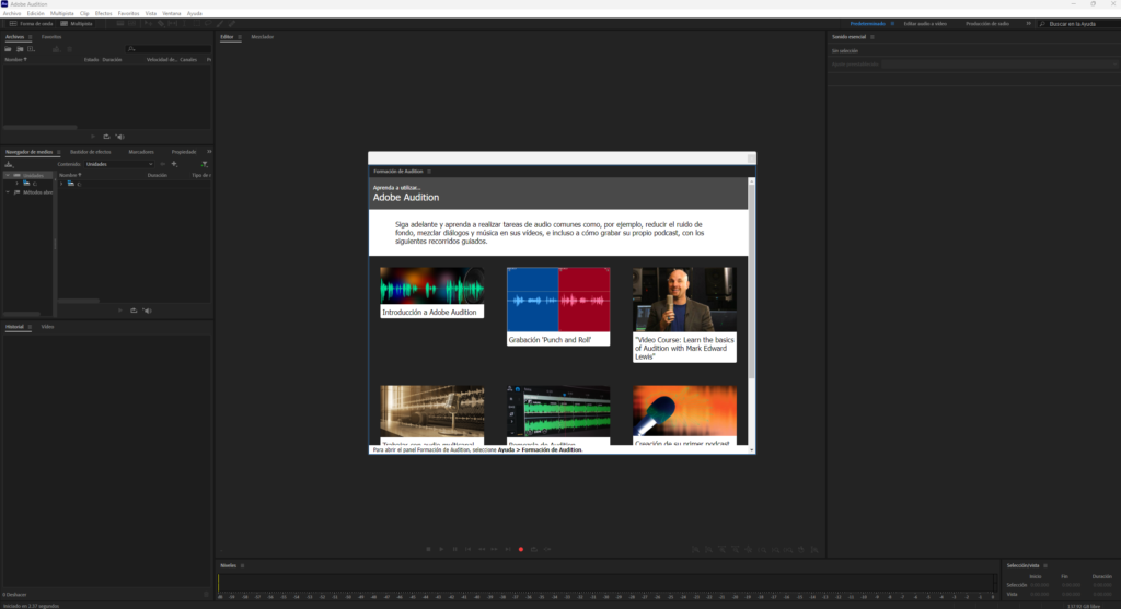 interfaz de inicio adobe audition 2026 full español